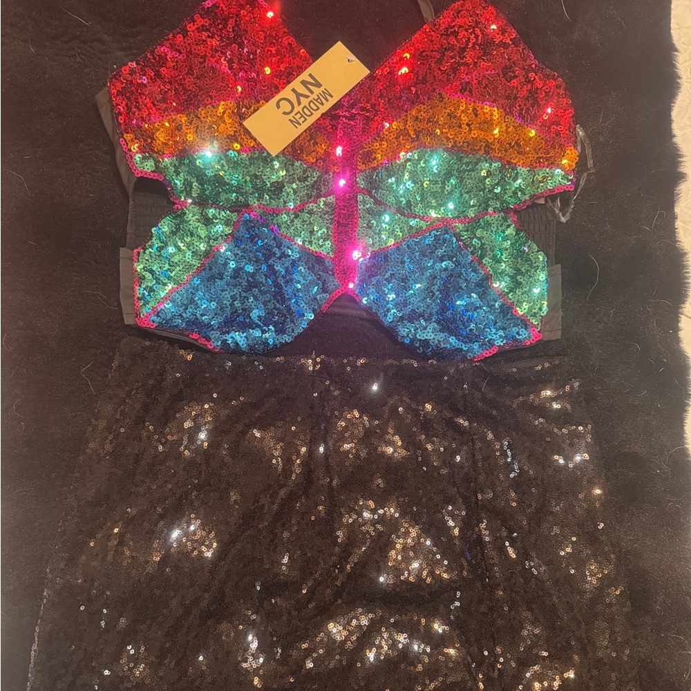 Madden NYC Black Sequin Skirt & Sequin Butterfly Corset/Crop Top Sz L